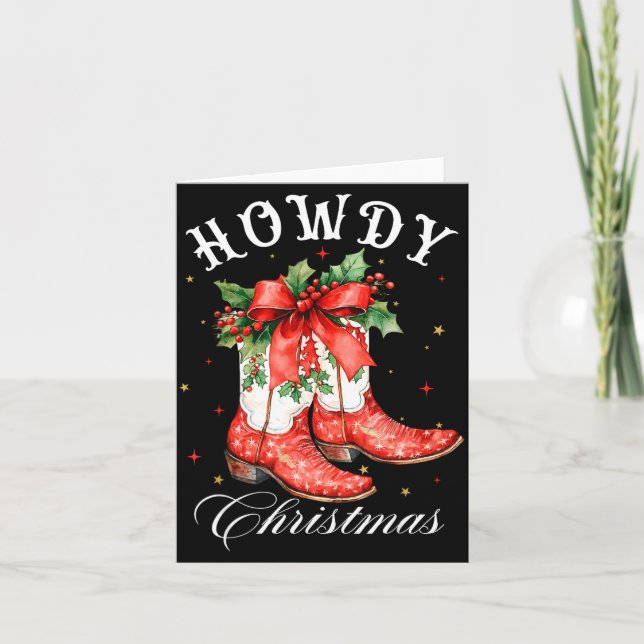 Western Howdy Christmas Cowgirl Boot Coquette Bow  Card (Front)