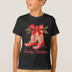 Western Howdy Christmas Cowgirl Boot Coquette Bow  T-Shirt