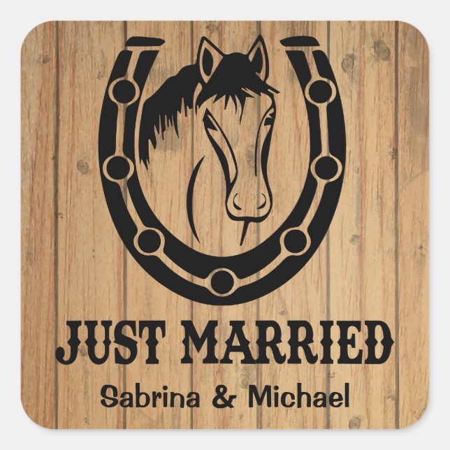Western Just Married Horse Country Wood  Wedding Square Sticker (Front)