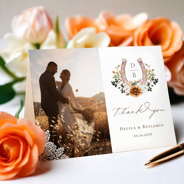 Western Lace Horseshoe Heart Script Wedding Photo  Thank You Card (Western Lace Horseshoe Heart Script Wedding Photo Thank You Card)
