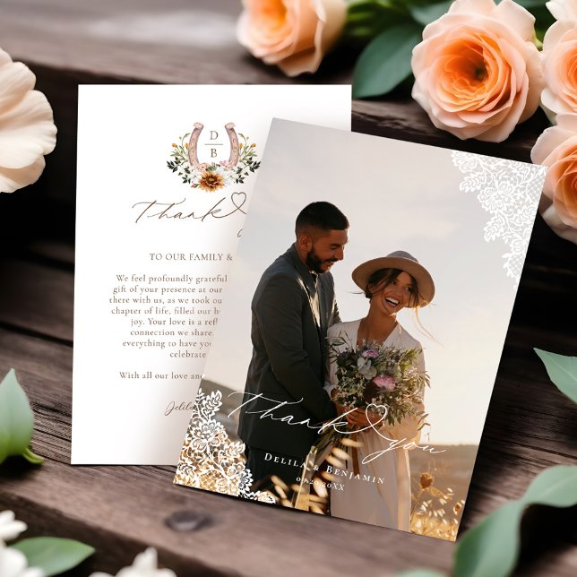 Western Lace Horseshoe Heart Script Wedding Photo Thank You Card (Western Lace Horseshoe Heart Script Wedding Photo Thank You Card)