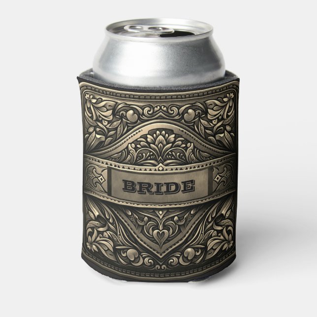 Western Leather Print Silver Wedding Bride Custom Can Cooler (Can Back)