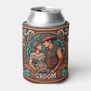 Western Leather Print Wedding Groom Custom Name Can Cooler