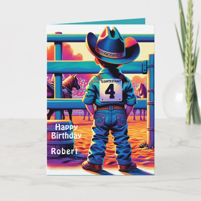Western Little Cowboy 4th Birthday Rodeo Custom   Card (Front)