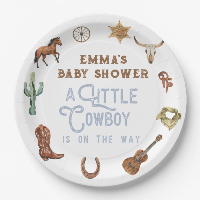 Western Little Cowboy Photo Baby Shower Paper Plate (Front)