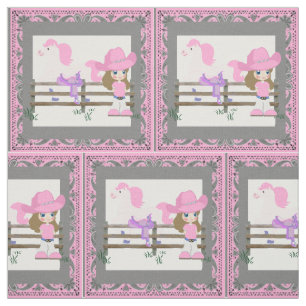 Western Little  Cowgirl On Stick Horse Fabric 4.5"