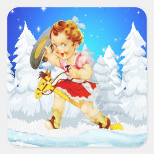 Western Little Cowgirl On Stick Horse Winter Scene Square Sticker