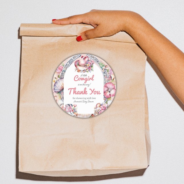 Western Little Cowgirl Pink Coastal Baby Shower Classic Round Sticker (Creator Uploaded)