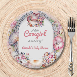 Western Little Cowgirl Pink Coastal Baby Shower Paper Plate