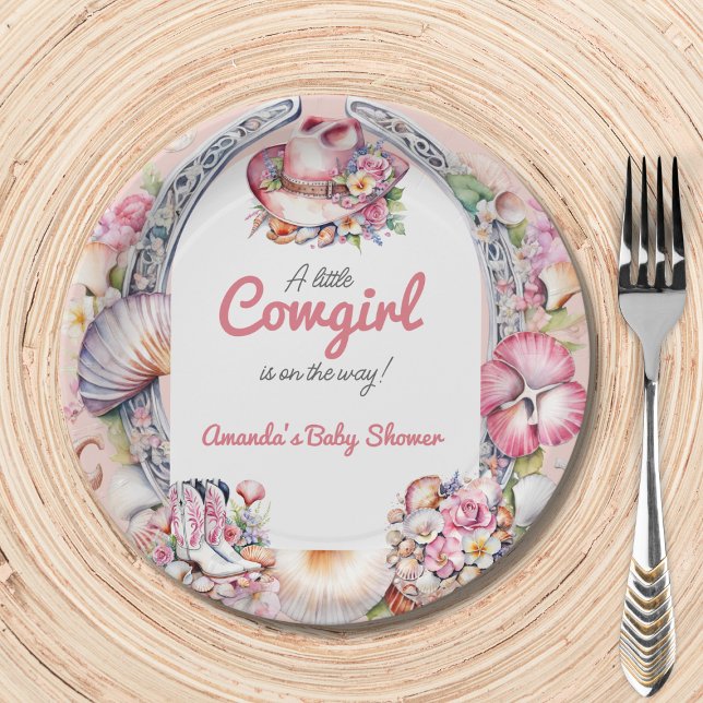 Western Little Cowgirl Pink Coastal Baby Shower Paper Plate (Creator Uploaded)