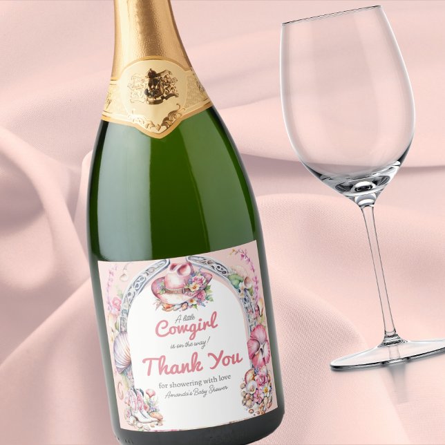 Western Little Cowgirl Pink Coastal Baby Shower Sparkling Wine Label (Creator Uploaded)