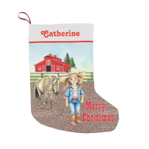 Western Little Cowgirl with Horse and Barn  Small Christmas Stocking