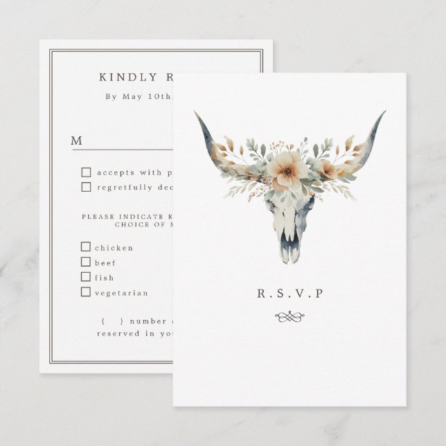 Western longhorn skull meal choices wedding RSVP Card (Front/Back)