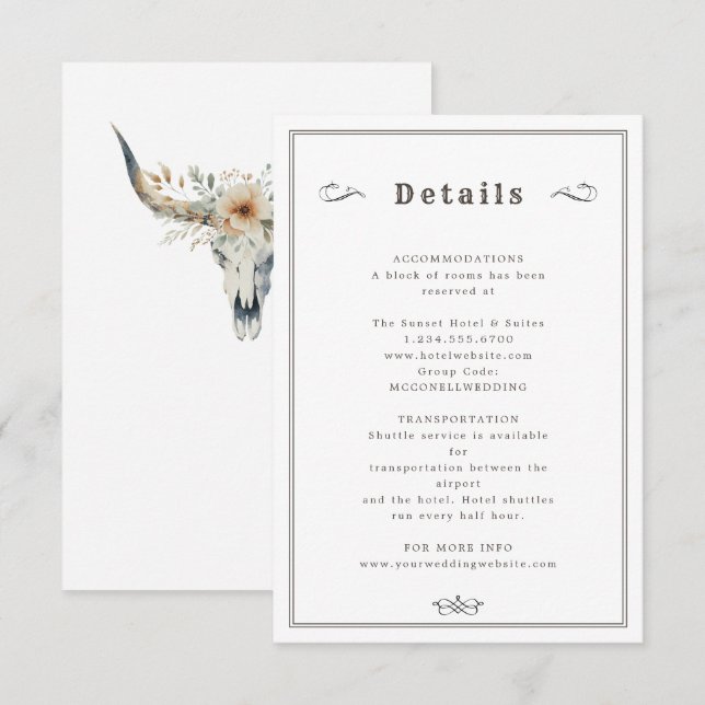 Western longhorn wedding details card (Front/Back)
