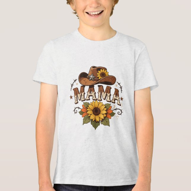 Western Mama Sunflower Cowgirl Design Tri-Blend Shirt (Front)