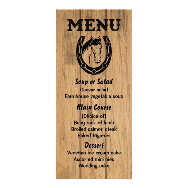 Western Menu Horse Brown Wood Country Wedding (Front)