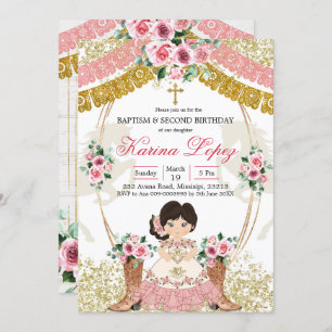 Western Mexican Pink Boot Charra Baptism&Birthday Invitation