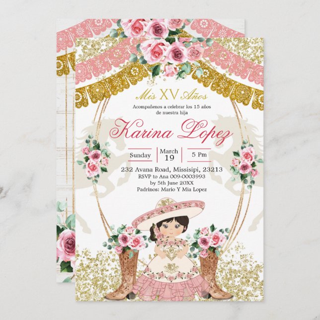 Western Mexican Pink Boot Charra Mis Quince Invitation (Front/Back)