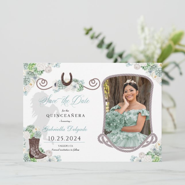 Western Mint Green Quinceañera Save The Date Photo Invitation (Standing Front)