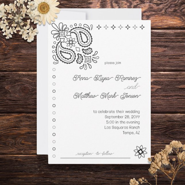 Western Modern Simple Black and White Invitation (Classic black and white with traditional bandana elements. Modern Western. )