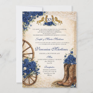Western Navy Blue Floral Sweet 15 Años Spanish Invitation