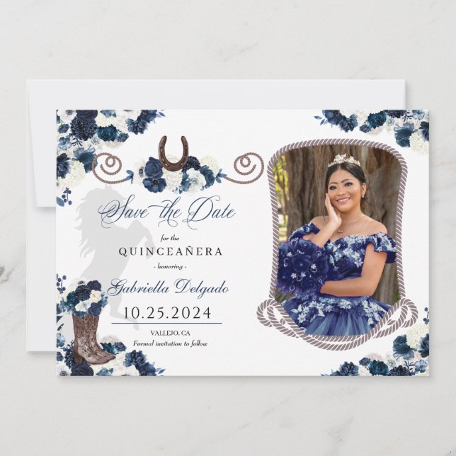 Western Navy Blue Quinceañera Save The Date Photo Invitation (Front)
