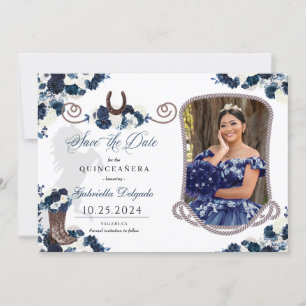 Western Navy Blue Quinceañera Save The Date Photo Invitation