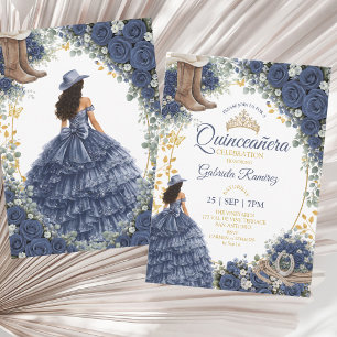 Western Navy Blue Roses Golden Country Quinceañera Invitation
