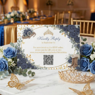 Western Navy Blue Roses Golden Country Quinceañera RSVP Card