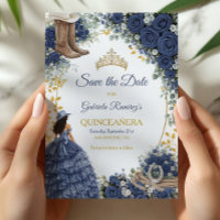 Western Navy Blue Roses Golden Country Quinceañera