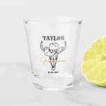 Western Old Frontier Cowboy Personalised Groomsmen Shot Glass<br><div class="desc">Personalised gifts for groomsmen with old western cowboy theme. Decorated with cowboy hat with vintage western font. Text and background colour are editable using the Design Tool to fit your occasion. Get this customise gift for wedding,  bachelor party,  engagement party or any other special occasions.</div>