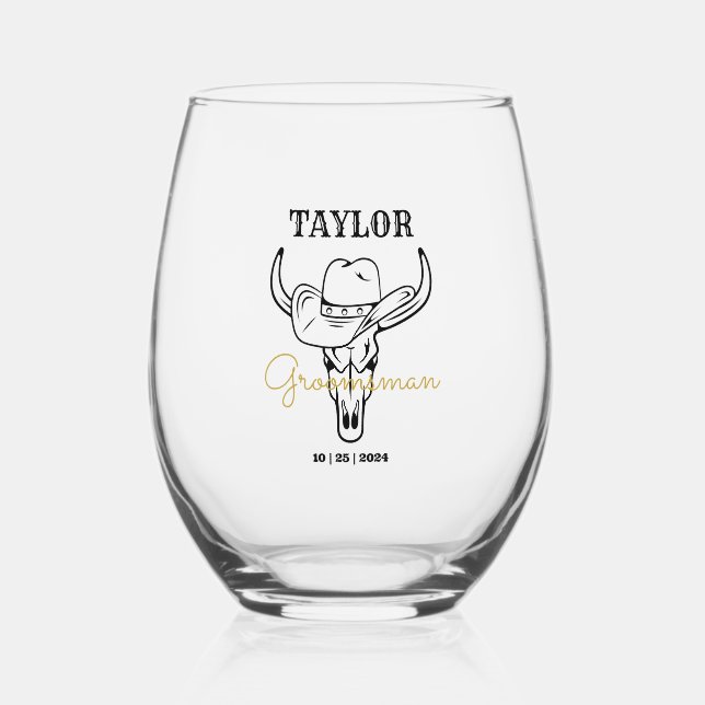 Western Old Frontier Cowboy Personalised Groomsmen Stemless Wine Glass (Front)