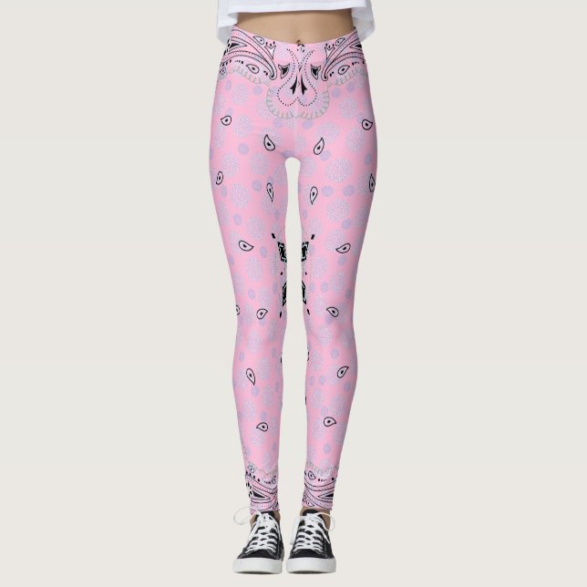 Western Paisley Pink Bandanna Print Cowgirl Leggings (Front)