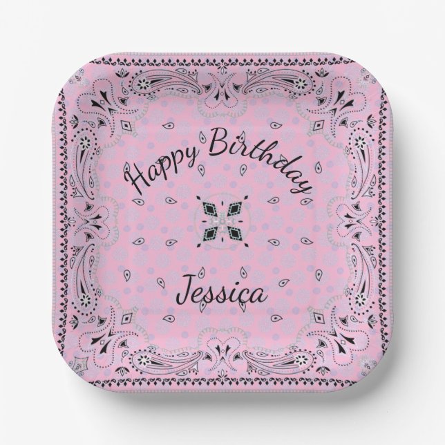 Western Paisley Pink Bandanna Print Party Custom 7 Paper Plate (Front)