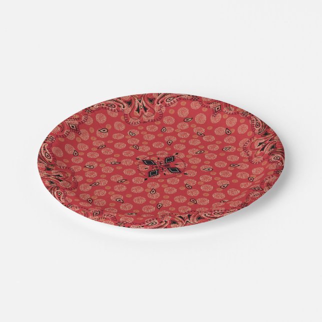 Western Paisley Red Bandanna Print Party 7" Paper Plate (Angled)