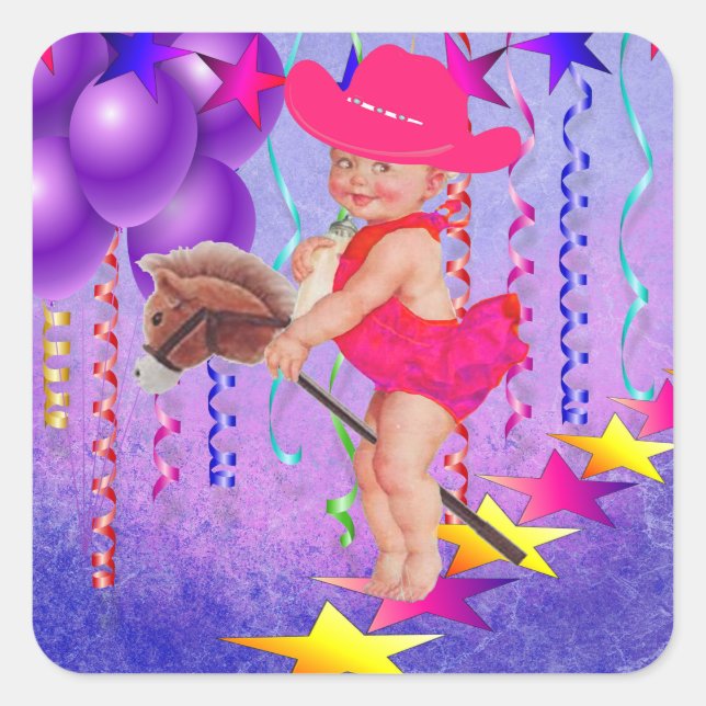 Western Party Baby Cowgirl  On Stick Horse Square Sticker (Front)