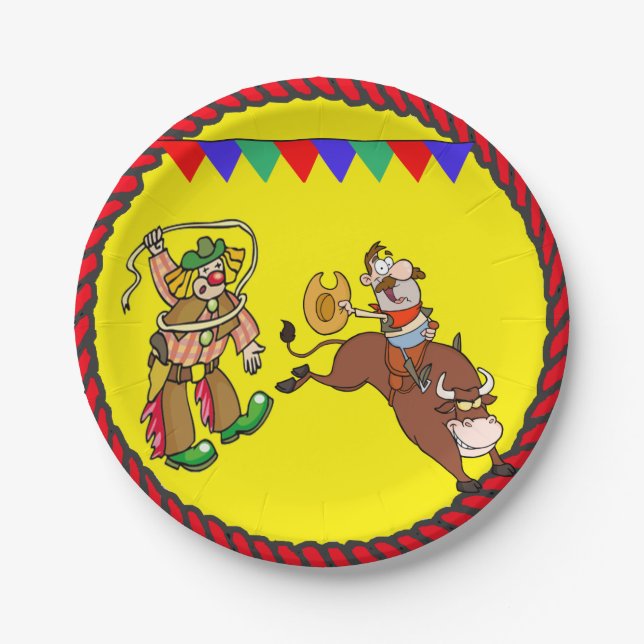 Western Party Bull Rider and Rodeo Clown Paper Plate (Front)