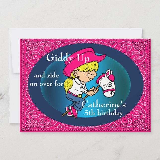 Western Party  Cartoon Cowgirl On Stick Horse Invitation (Front)
