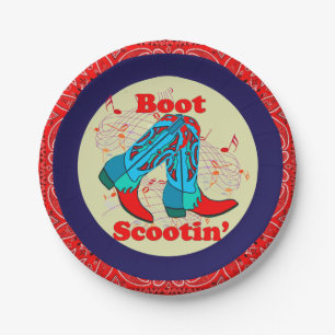 Western Party Cowboy Boot Scootin"  Dance Red Paper Plate