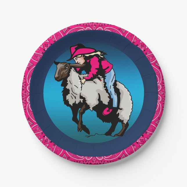 Western Party Cowgirl Mutton Bustin' Pink Bandanna Paper Plate (Front)