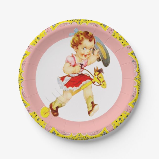 Western Party Cowgirl On Stick Horse Pink Yellow Paper Plate (Front)