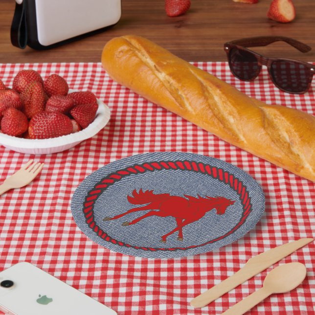 Western Party Horse On Denim Print Paper Plates (Picnic)