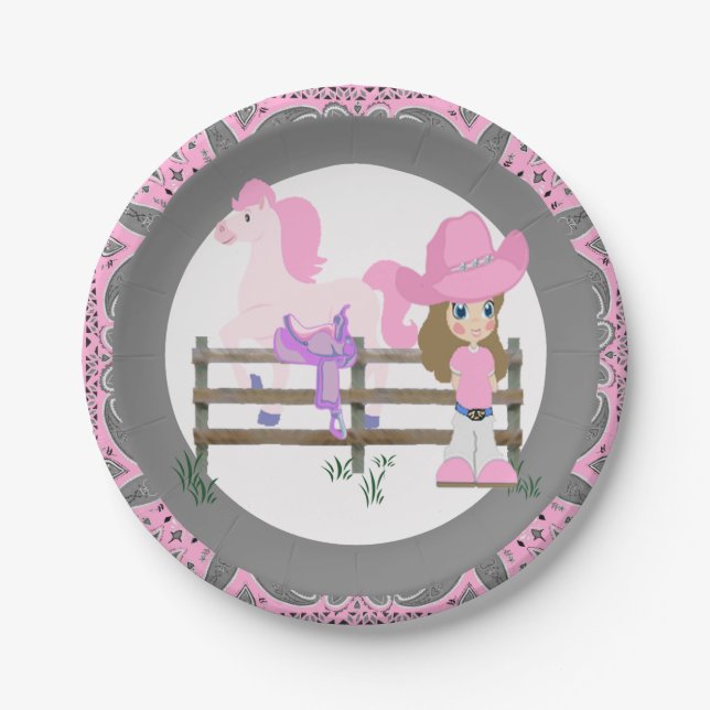 Western Party Little Cowgirl Horse and Saddle Paper Plate (Front)