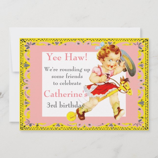 Western Party Little Cowgirl On Stick Horse Invitation (Front)