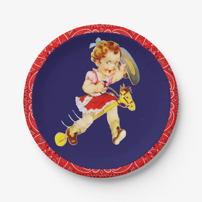 Western Party Little Cowgirl On Stick Horse Paper Plate (Front)