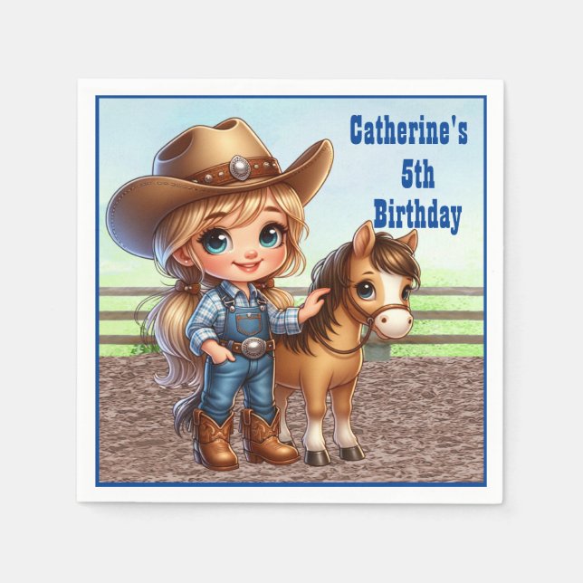 Western Party Little Cowgirl With Horse Custom Napkin (Front)