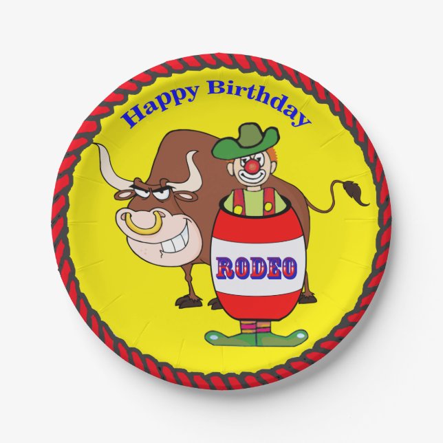 Western Party Rodeo Clown and Bull Happy Birthday Paper Plate (Front)