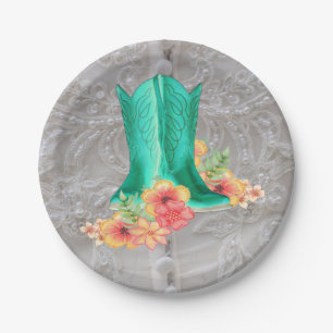 Western Party Wedding Cowboy Boots And Flowers Paper Plate