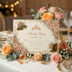 Western Peach Roses Golden Country Quinceañera RSVP Card