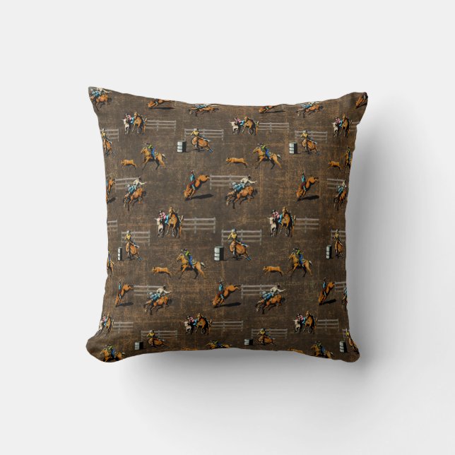 Western Pillow With Rodeo Events Design on Brown (Front)